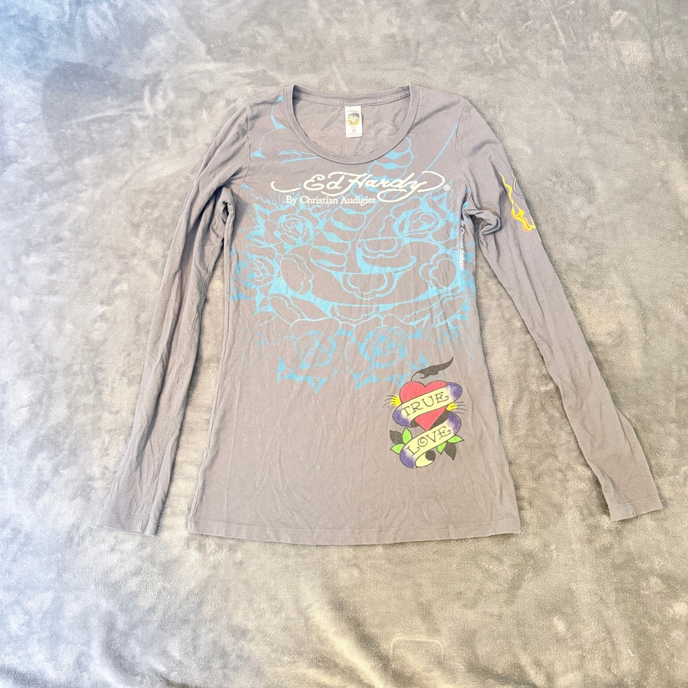 Vintage Ed Hardy Christian Audigier Gray Long Sleeve True Love Tattoo Tee Y2K